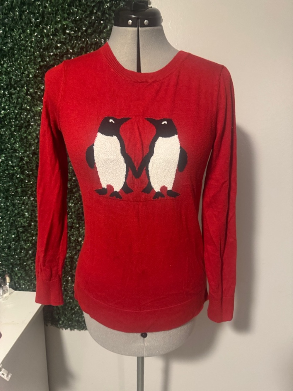 LOFT Red Crewneck Sweater with Penguin Motif